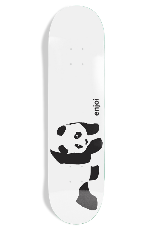 Skateboard deck with panda design and Enjoi logo on a white background 8.0